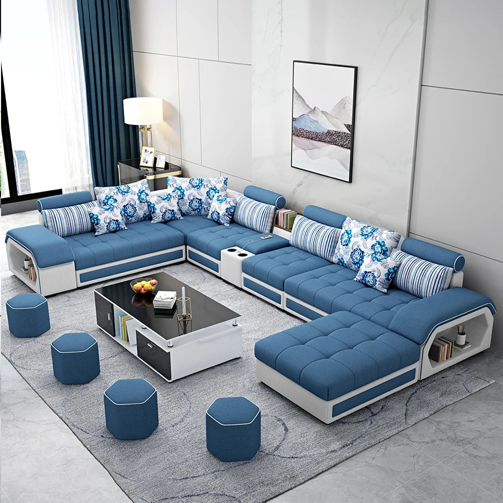 Fabric Sofa Set Furniture, Living Room Sofa Set, with USB and Stools / Big U Shape Cloth Couch Sofas for Home Furniture