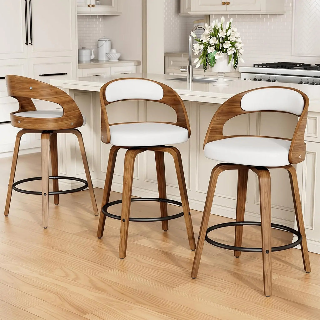 26in Bentwood Counter Stools Set 3 Leather Swivel
