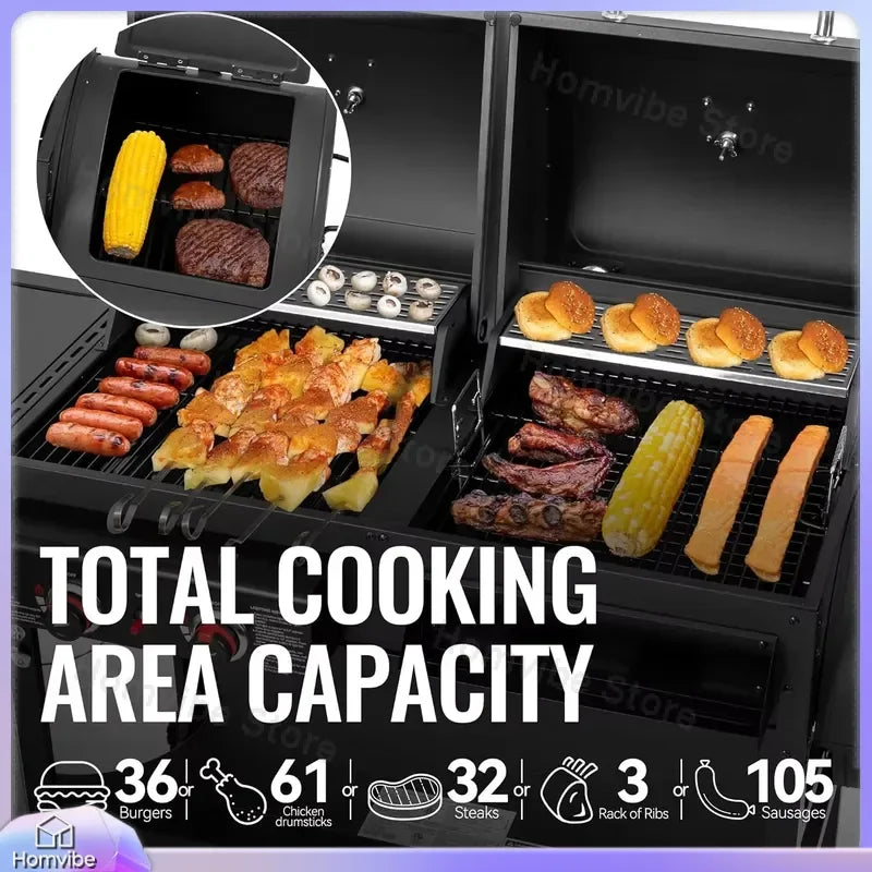 2 Burner Gas Charcoal Grill with Offset Smoker