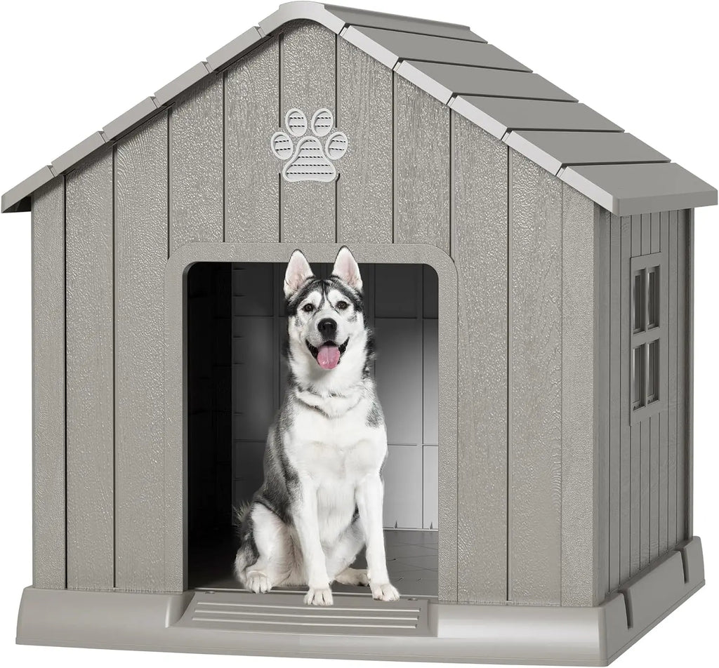 Weatherproof Plastic Dog House Outdoor Large Pet Kennel Shelter