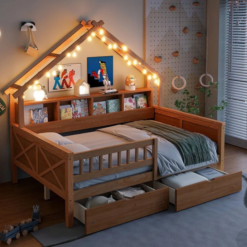 Natural Wood Full Size Platform Bed with LED,