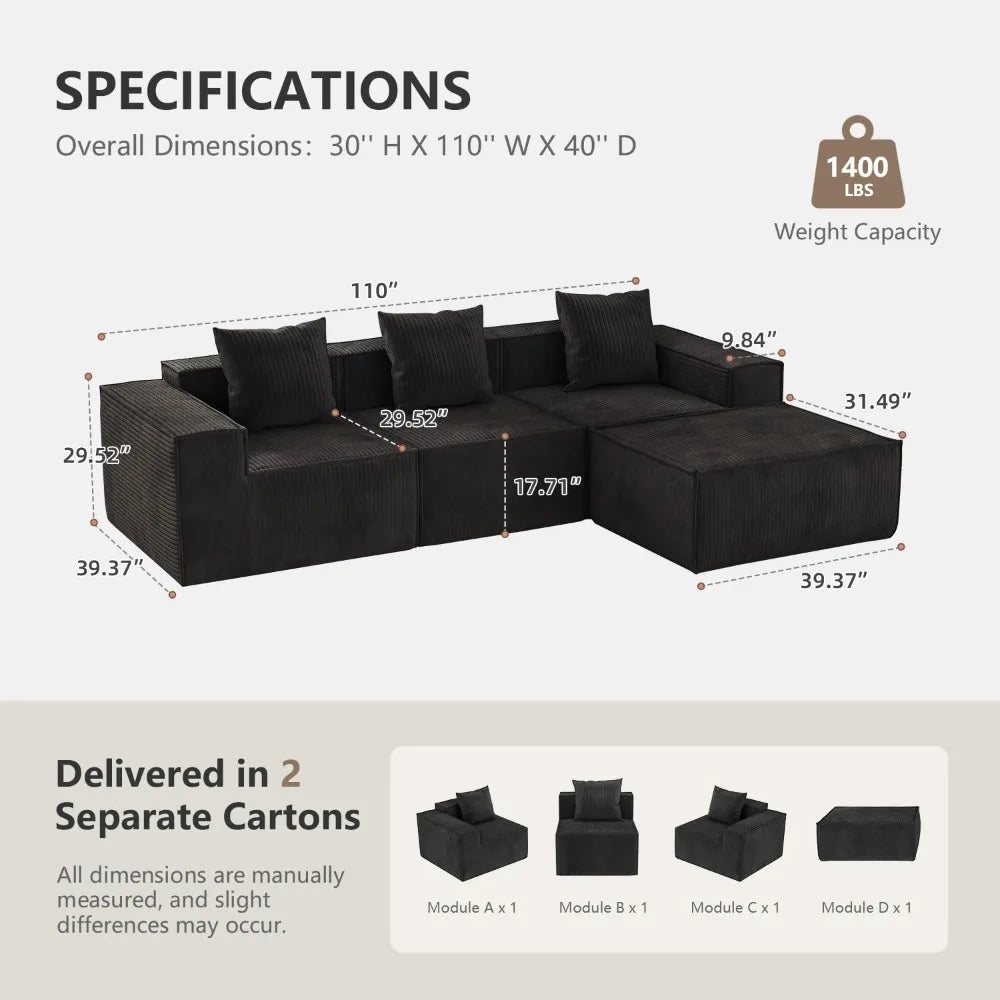 110” Sectional Couches, 3 Seat Grey Corduroy Boneless Couches Sofa Bed with Pillows