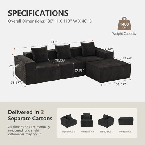 110” Sectional Couches, 3 Seat Grey Corduroy Boneless Couches Sofa Bed with Pillows