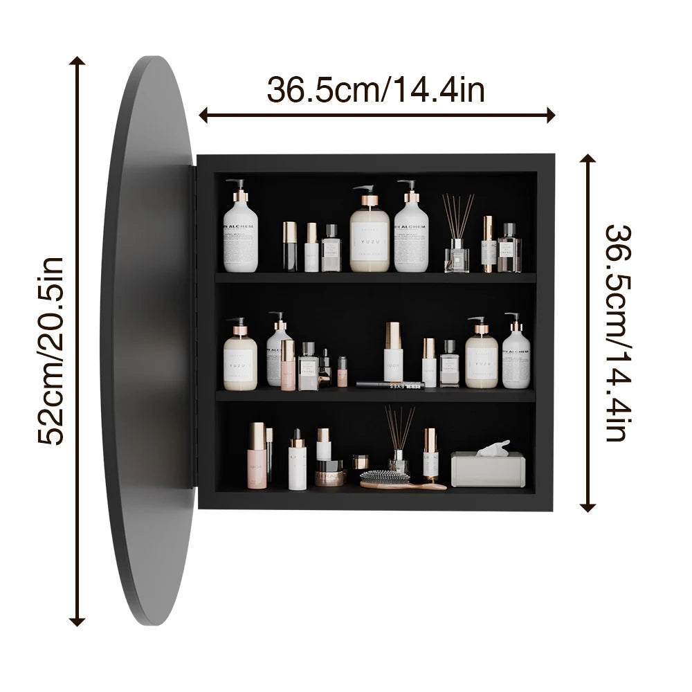 Black 52*12.5cm Round Bathroom Mirror Cabinet