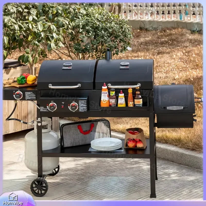 2 Burner Gas Charcoal Grill with Offset Smoker