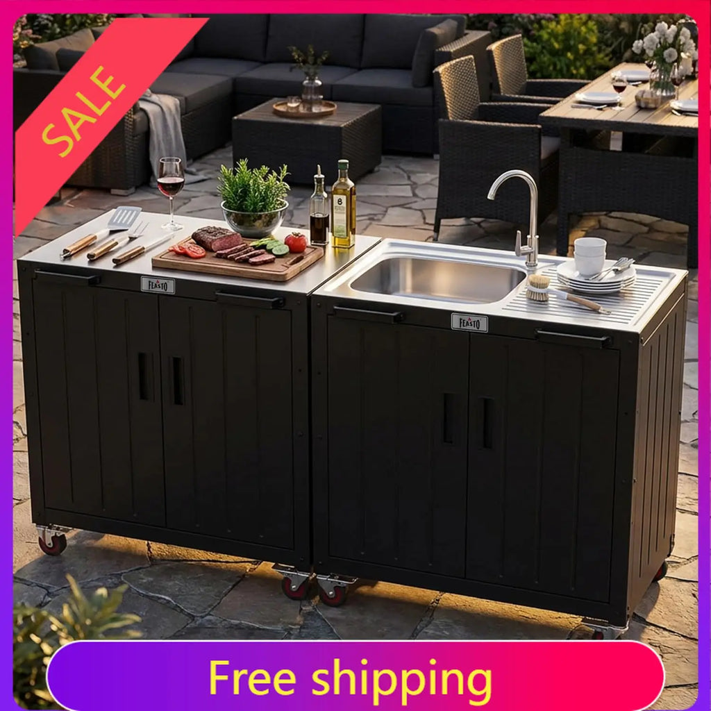 Outdoor Kitchen Island with Stainless Steel Sink and Storage Cabinet