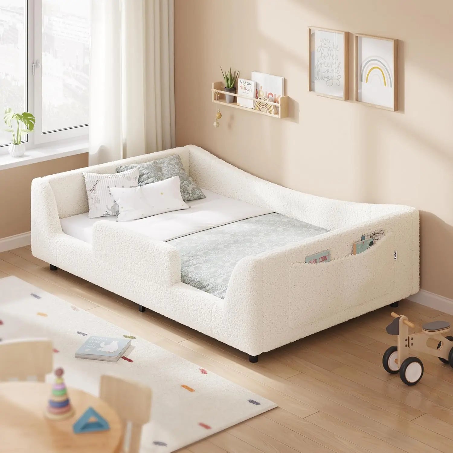 Twin Low Floor Bed Upholstered Curved Slats