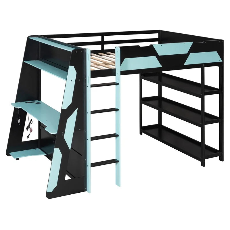 Gaming Loft Bed with Desk, Shelves, and LED Lights,