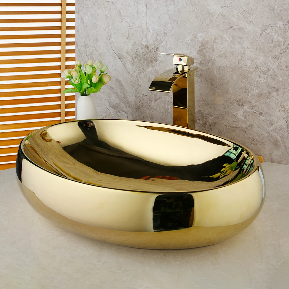23 Inch Bathroom Vessel Sink Gold Ceramic Bowl