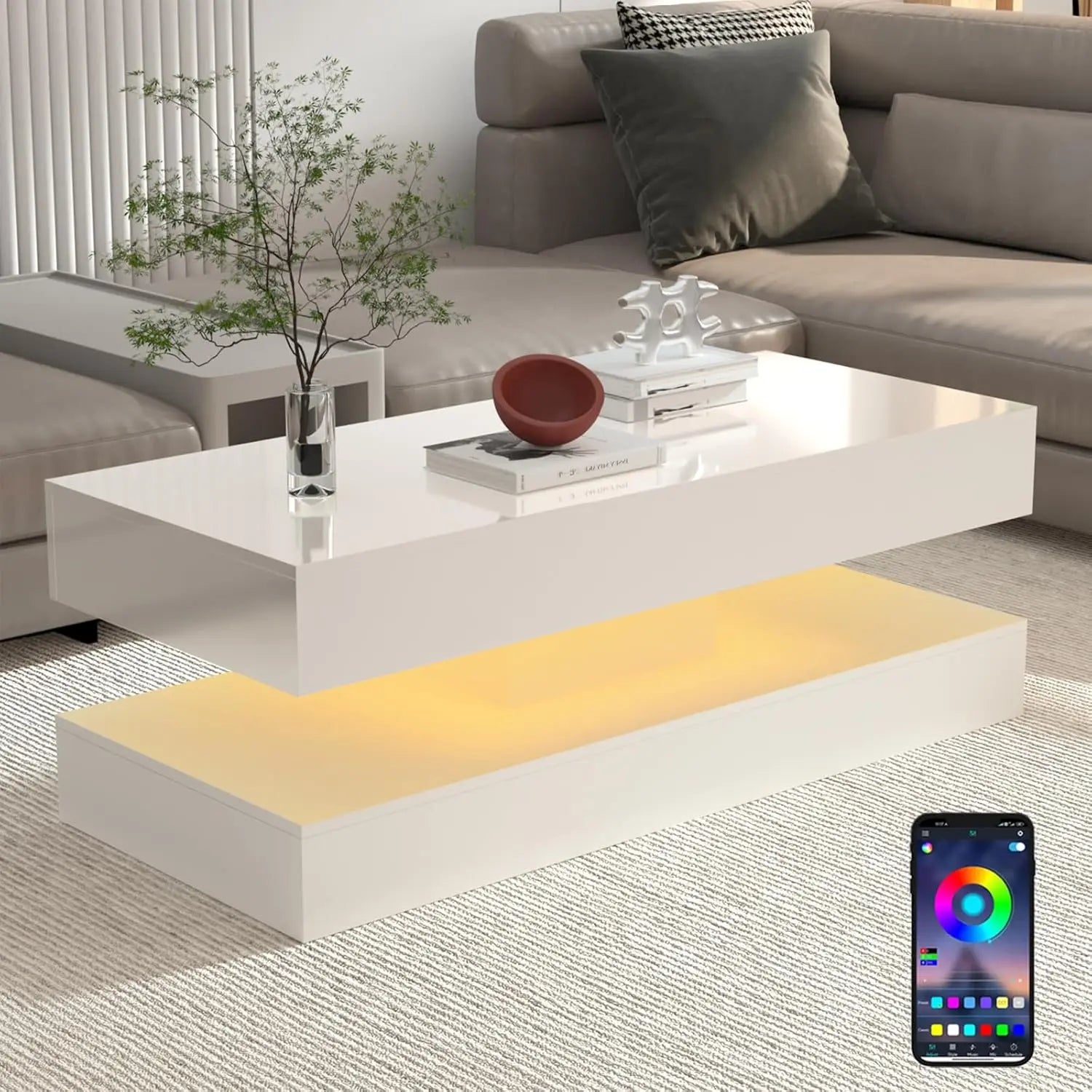 Modern Coffee Table, LED lights, Double-Layer Design