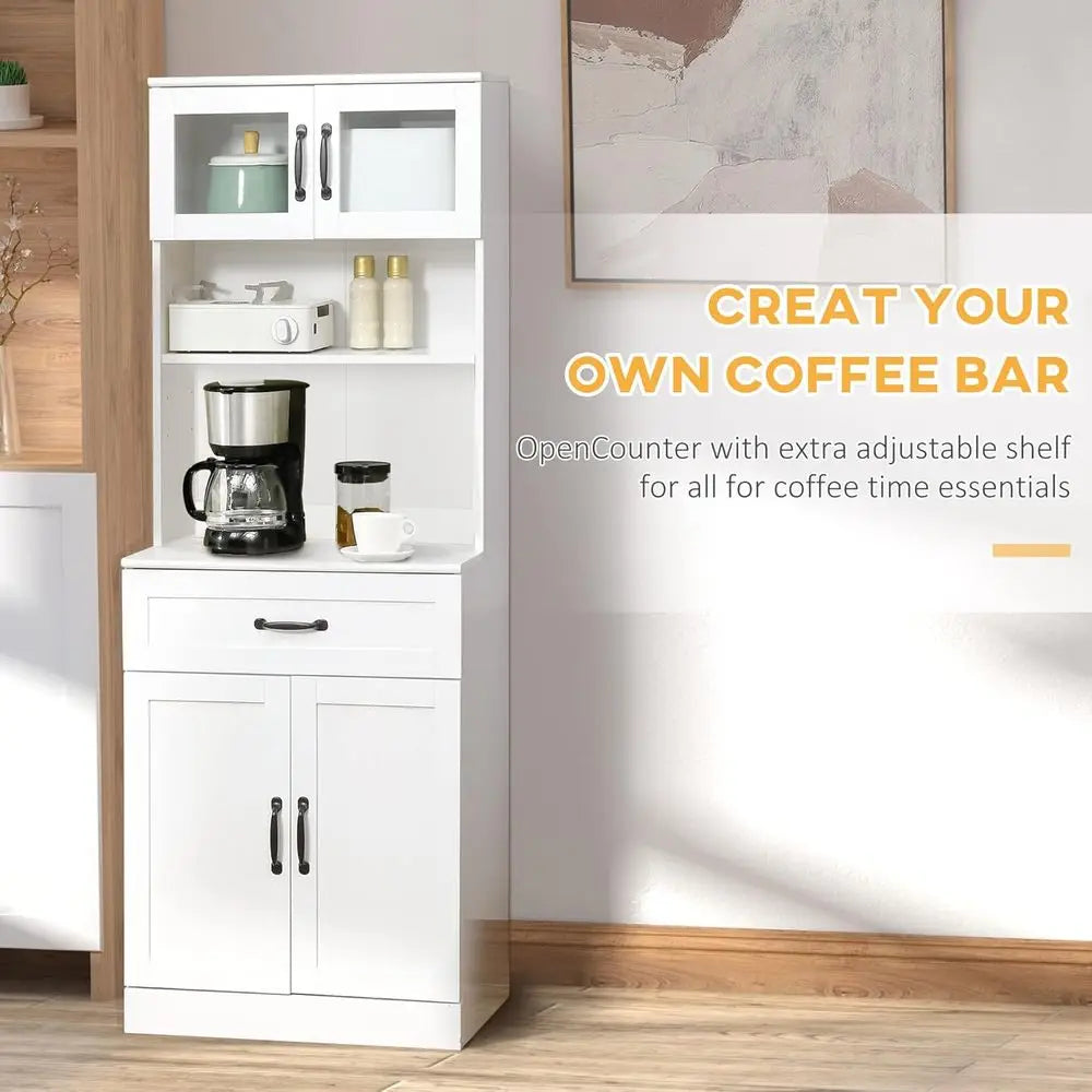 Four-Door Kitchen Pantry Cabinet with Hutch and Coffee Bar, Adjustable Shelves, White