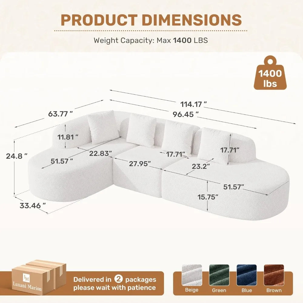 114-inch Frameless Sofa, Modern Modular Sofa with Chaise Lounge, L-shaped Cloud-shaped Sofa