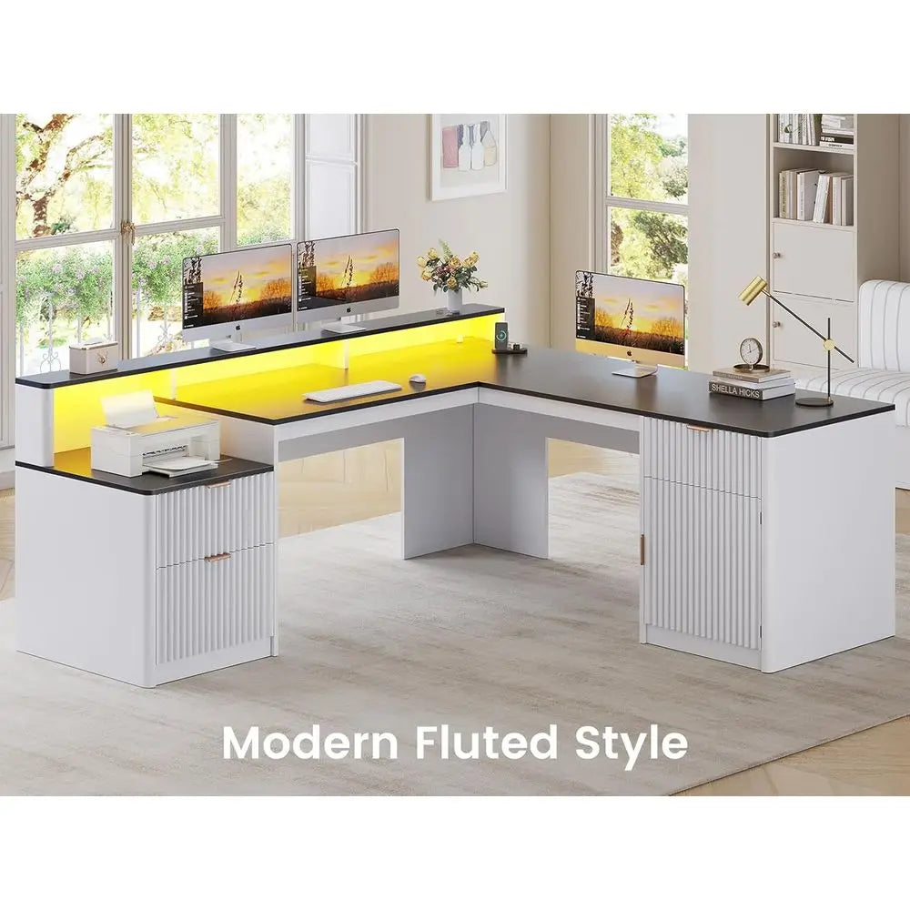 L-Shaped Desk with Drawers, Hutch, File Cabinet, Printer Shelf, LED Lights, Power Out