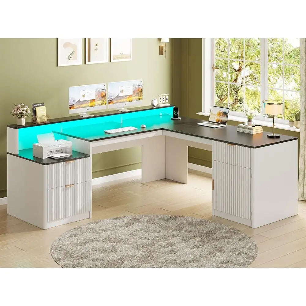 L-Shaped Desk with Drawers, Hutch, File Cabinet, Printer Shelf, LED Lights, Power Out