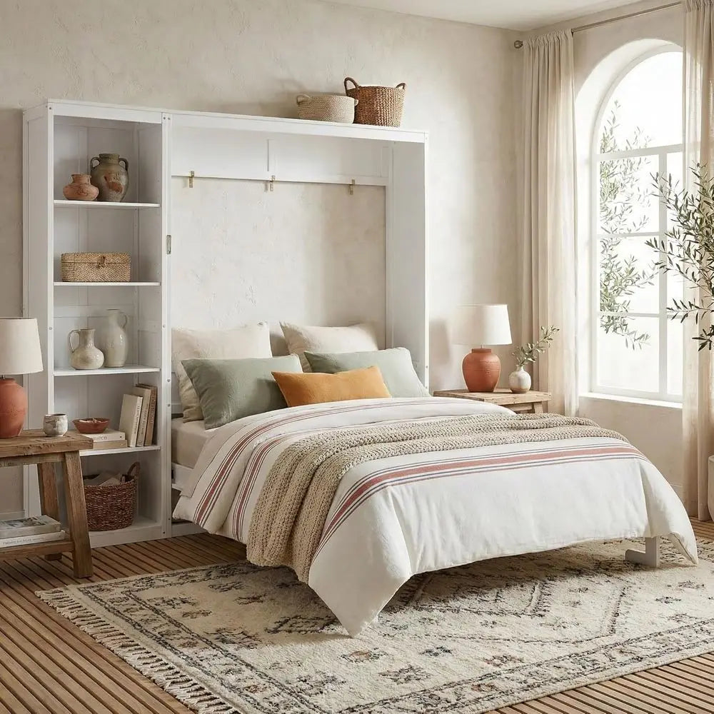 White Queen-Size Wall-Mounted Murphy Bed