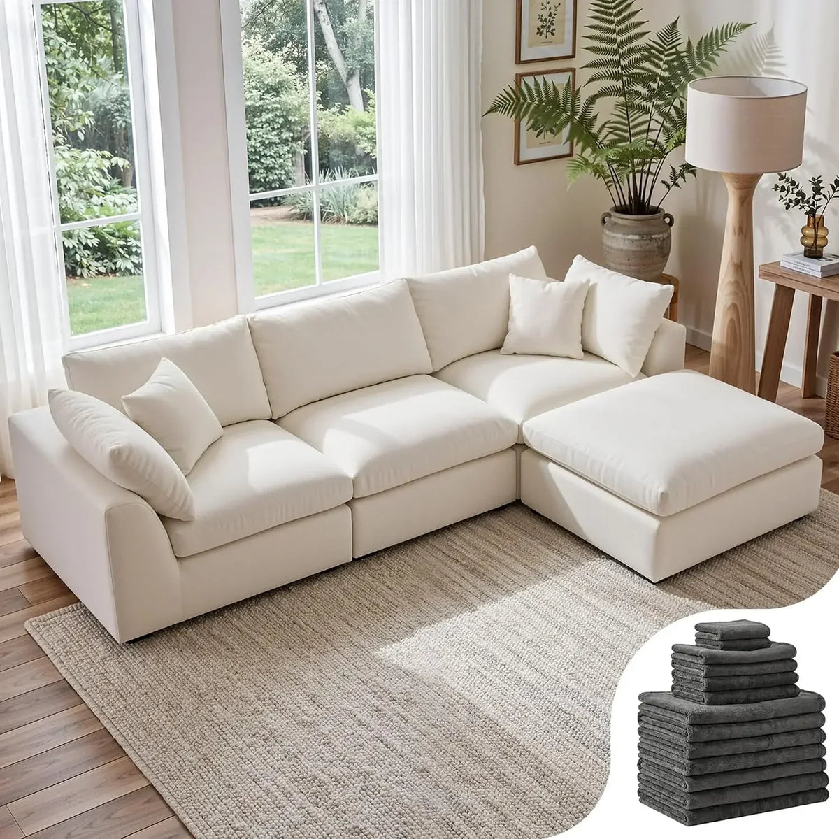 108" Cloud Sectional Couch with 2 Washable Cover Sets, Ottoman, Deep Seat Couch