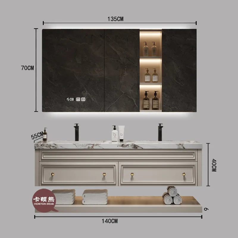 French-Style Seamless Integrated Double Basin Oak Bathroom Vanity