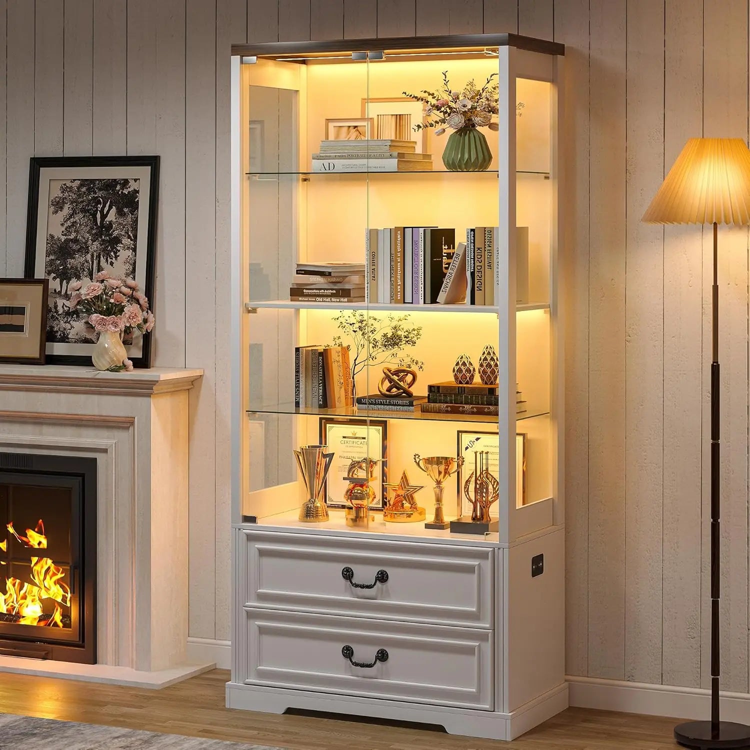 RGB Glass Display Cabinet with Door, 4-Tier Curio Cabinet