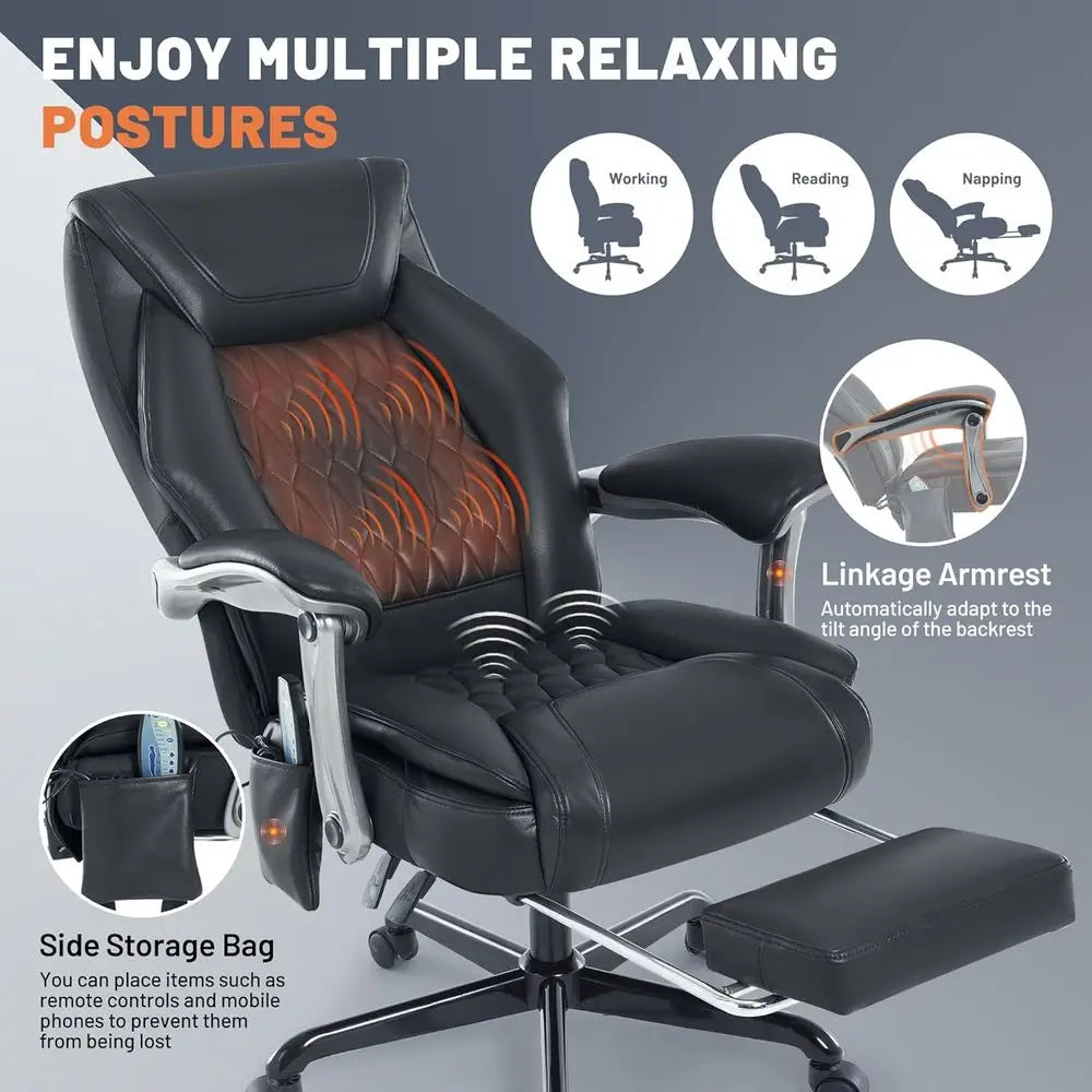 Heated Massage Office Chair with Footrest, 6-Point Vibration, Ergonomic Reclining Desk Chair, PU Leather Seat for Comfortable Ho