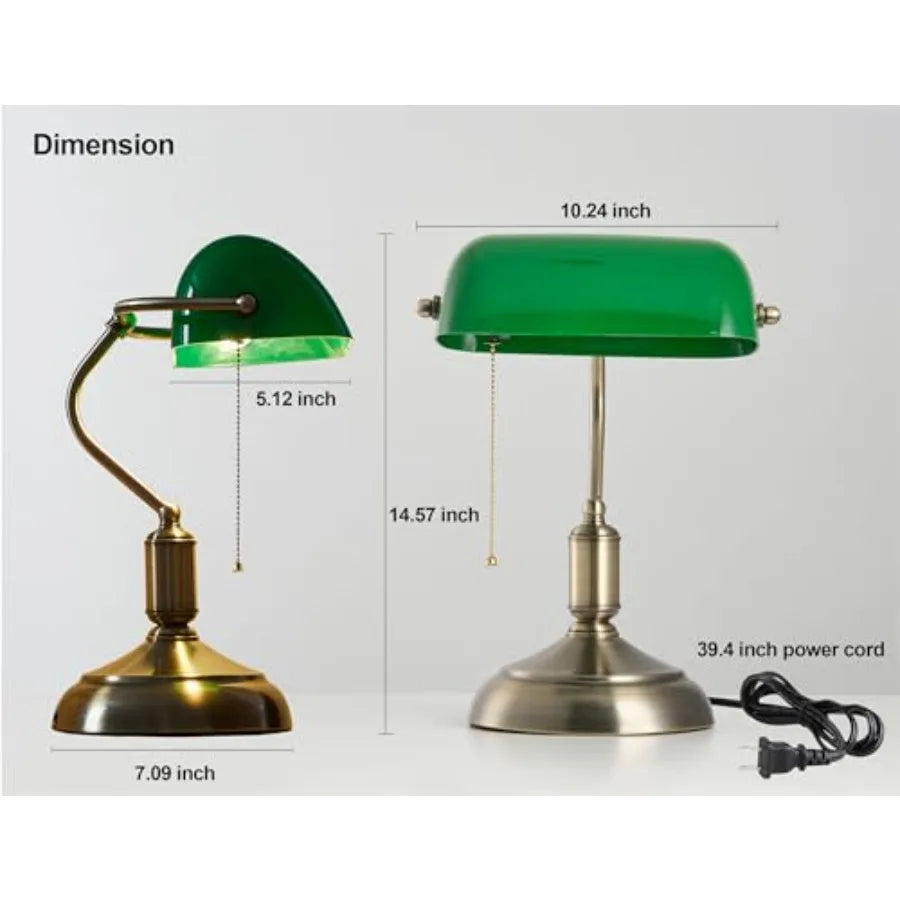 Bankers Lamp, Green Desk Lamp with Pull Chain Switch