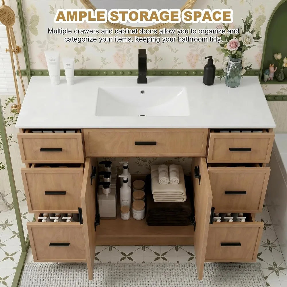 48" Bathroom Vanity with Sink, 6 Drawers 2 Doors, Freestanding, Ceramic Basin, Floor Standing Storage