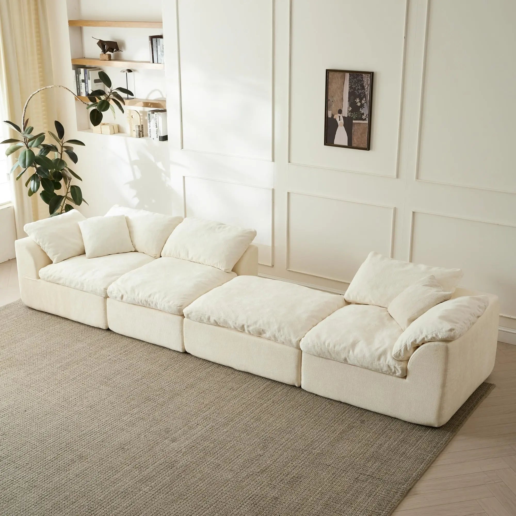 Modern Cloud L-Shaped 3-Seater Oversized Deep Seat Chenille Fabric Sofa with Ottoman