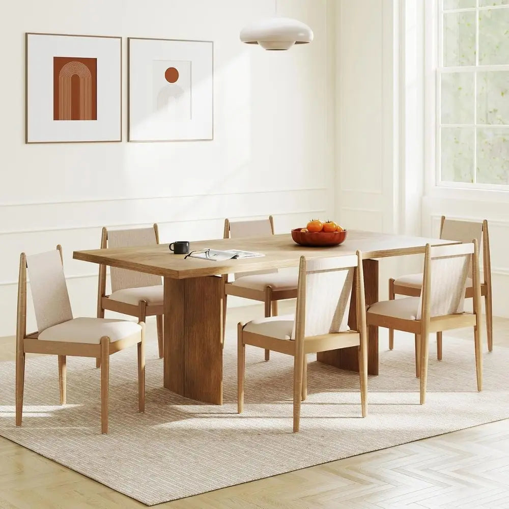 Set of 6 Linen Beige Upholstered Dining Chairs with Wooden Arms, Suitable for Kitchen, Dining Room, Restaurant, Living Room