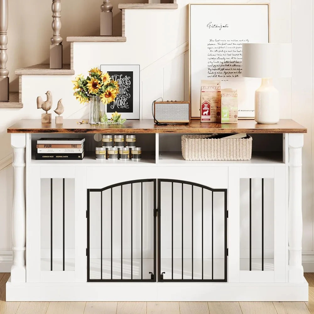 Roman Column 63 Inch Large Dog Crate Furniture for 2 Dogs with Open Storage, Heavy Duty Dog Kennel Entertainment Table TV Stand for Small and Medium Dogs
