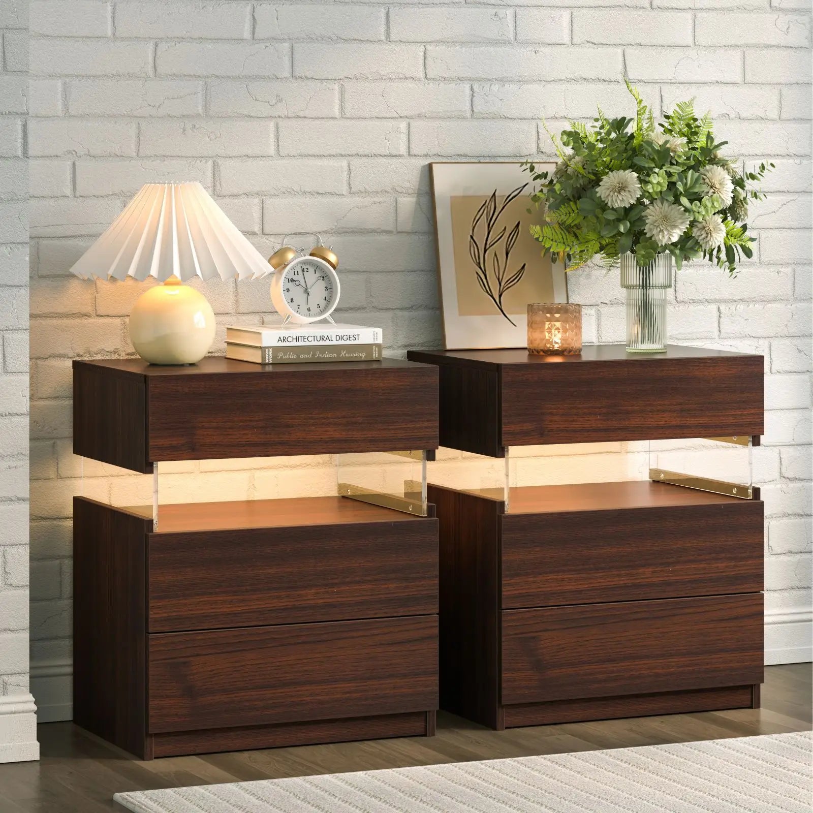 Bedside Tables with LED Lighting 3 Drawers