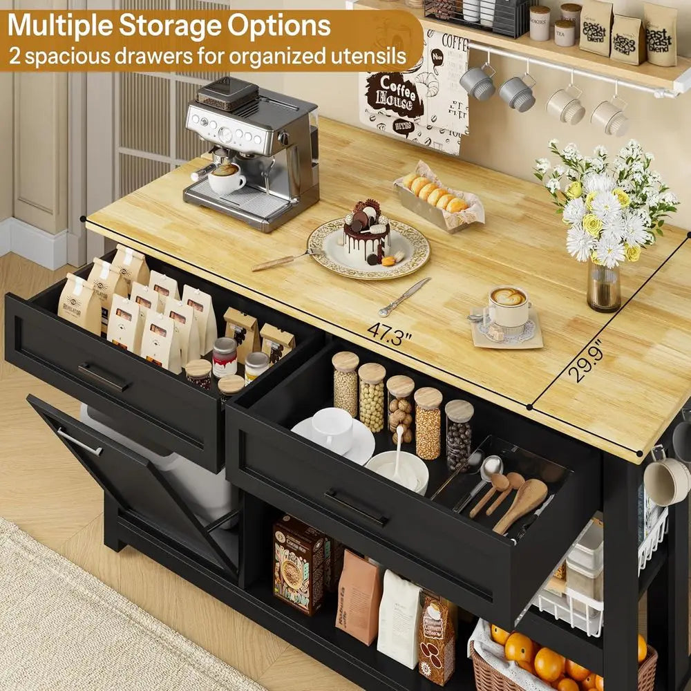 47 Solid Rubberwood Kitchen Island with Storage