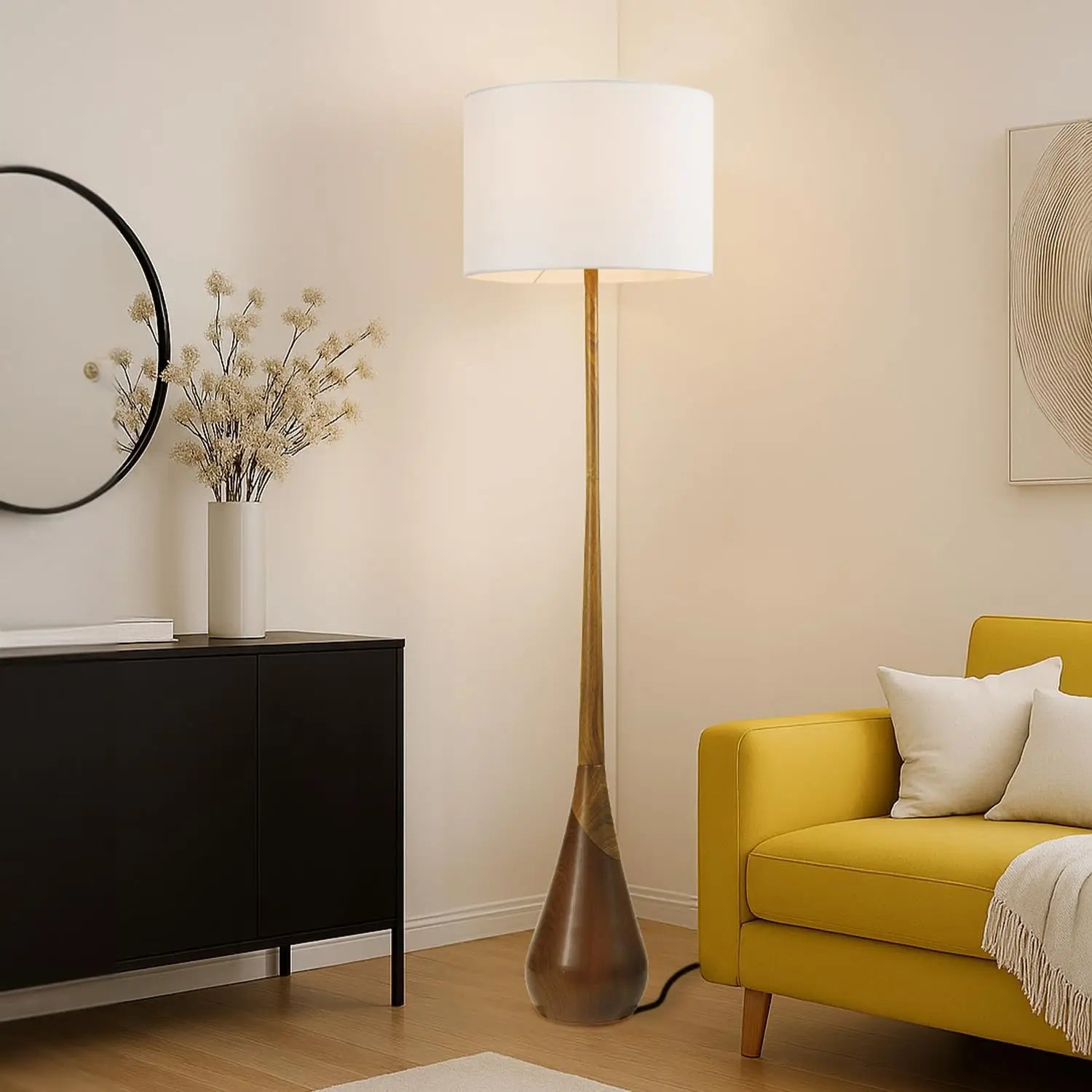 65" Floor Lamp 2-Tone Faux Wood Base White Fabric Shade