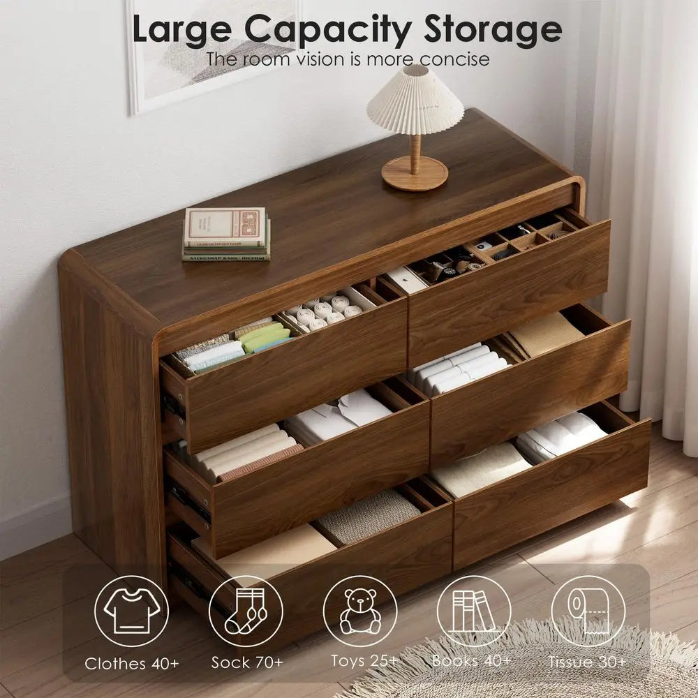 6 Drawer Dresser, 47 Wide Walnut Dresser Chest of Drawers