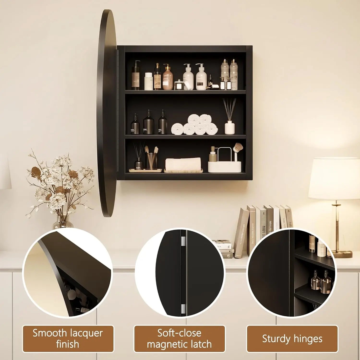Black 52*12.5cm Round Bathroom Mirror Cabinet