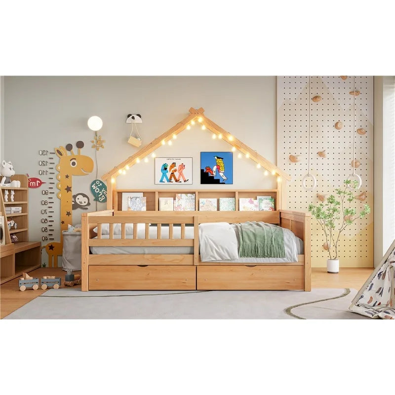 Natural Wood Full Size Platform Bed with LED,