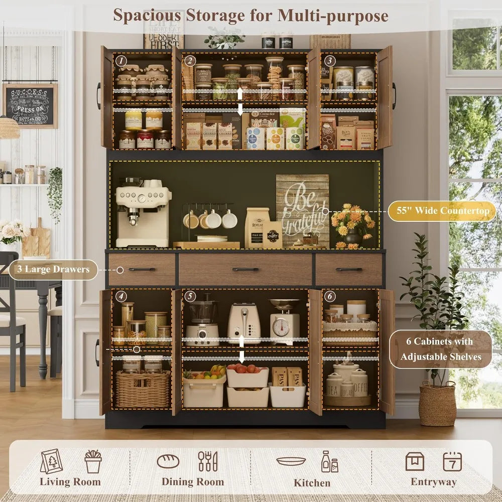 71" Tall Pantry Cabinet with Charging Station, 55" Wide Kitchen Storage, Hutch with Drawers, Brown/Black