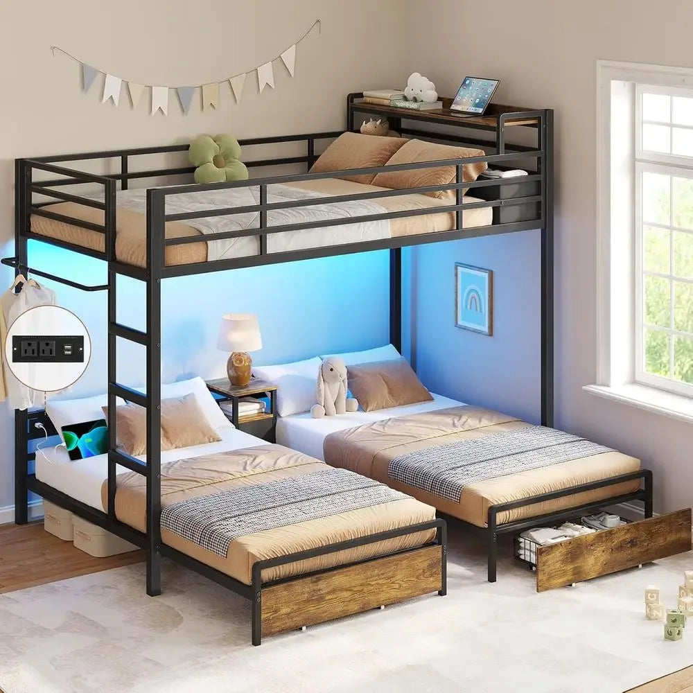Triple Bunk Bed with Storage Drawers and Charging Station