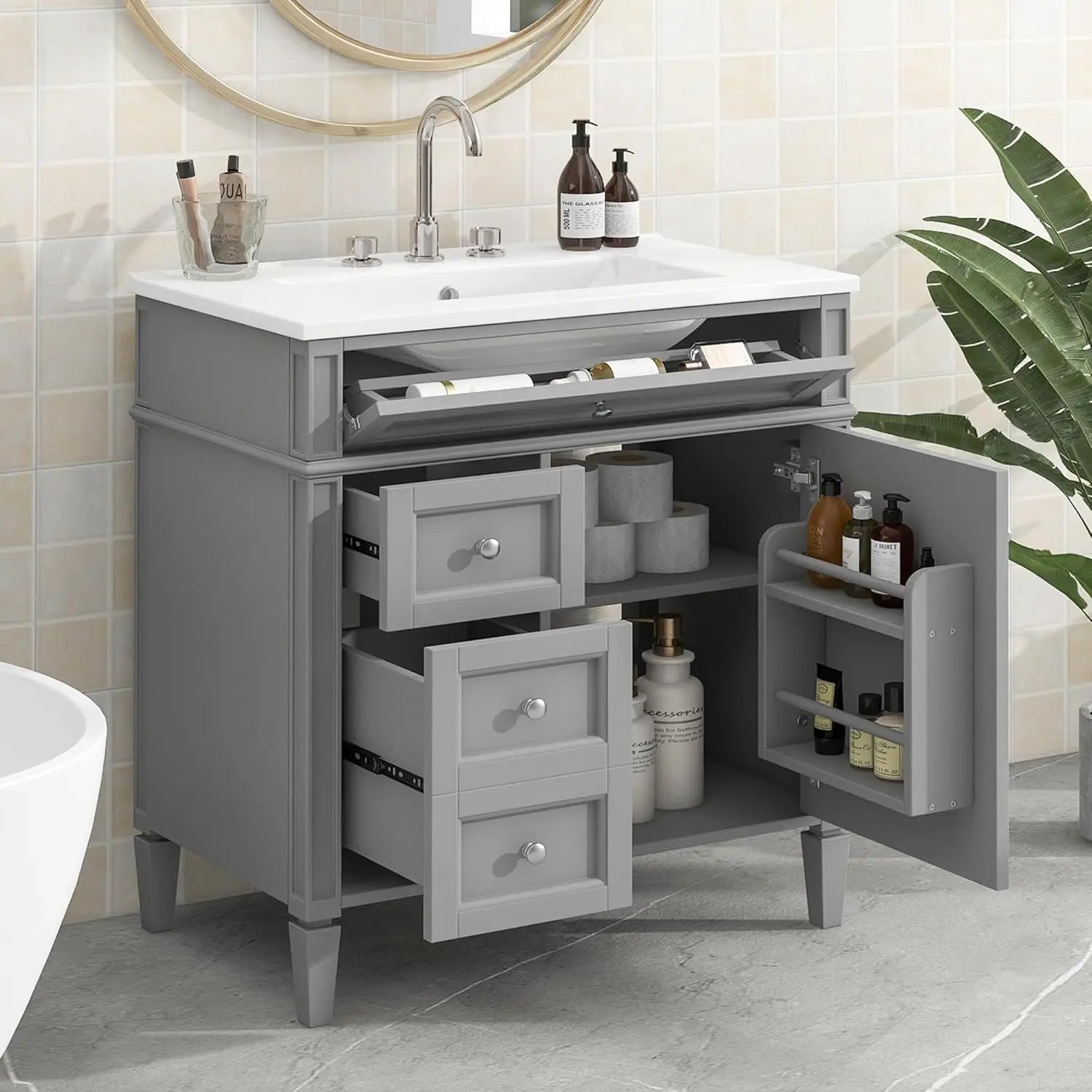 30" Bathroom Vanity Ceramic Sink Modern Freestanding Storage