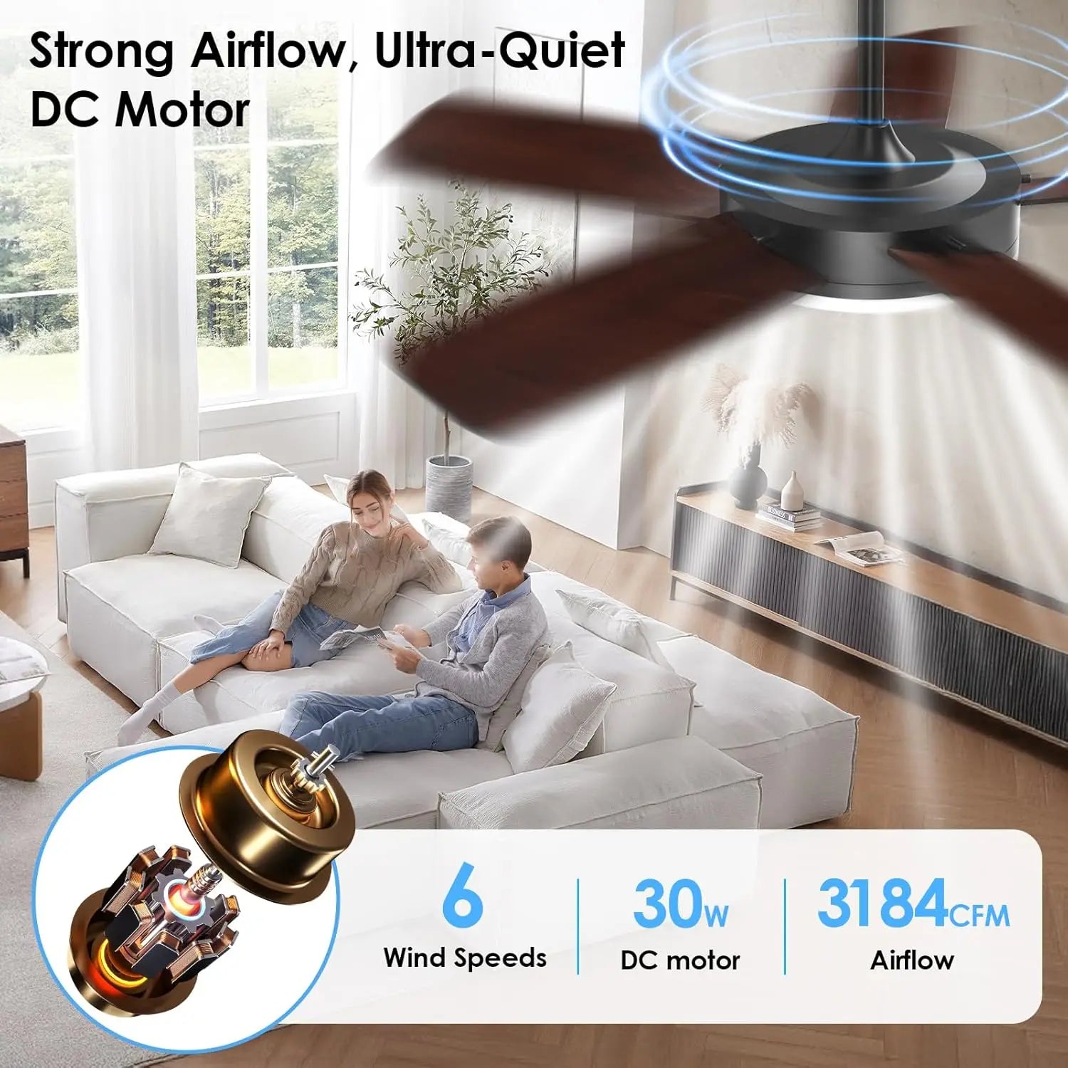 52-Inch Ceiling Fan with Lights, Quiet DC Motor, Dimmable LED, Remote & App Control,