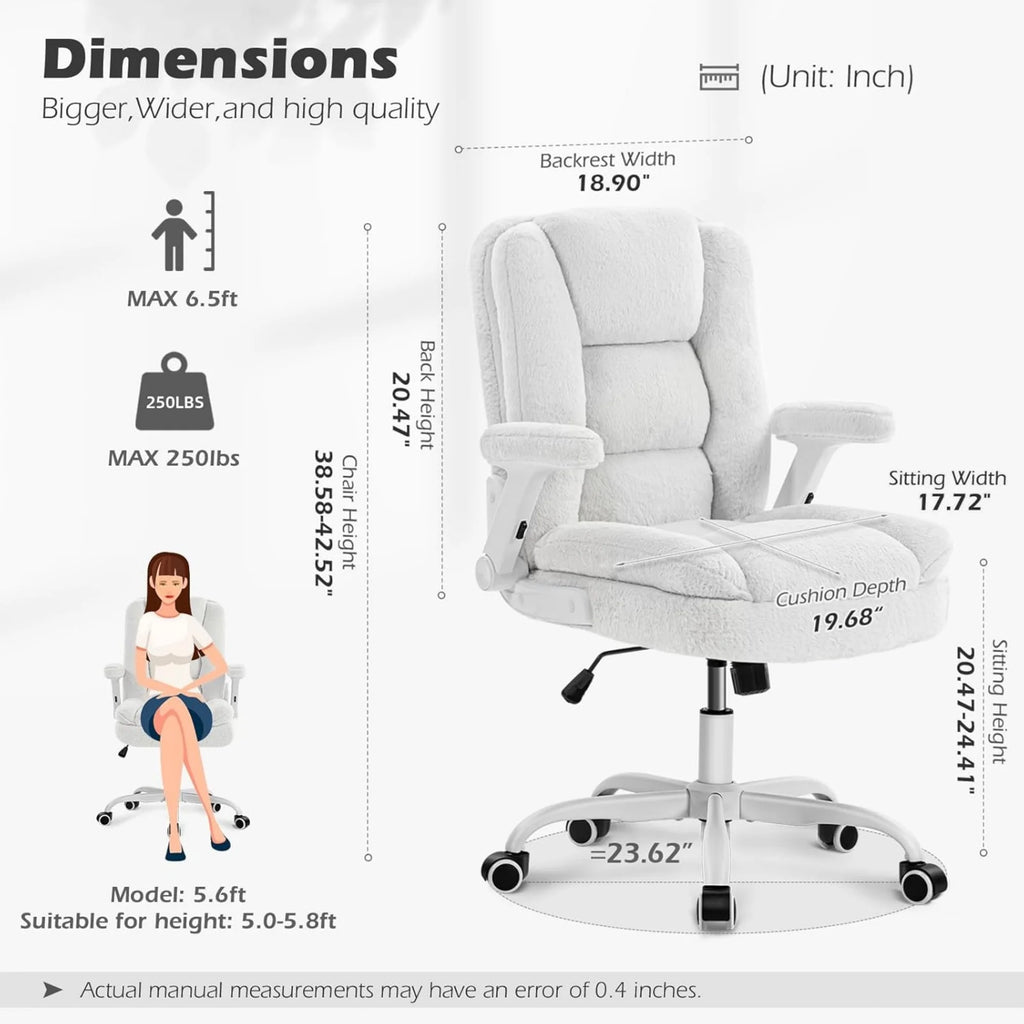 White Plush Office Chair Ergonomic Desk Chair with Lumbar Support, Flip-Up Arms, Adjustable Swivel Computer Chair with Wheels, Soft Fleece Cute Office Chair for Home Bedroom Vanity