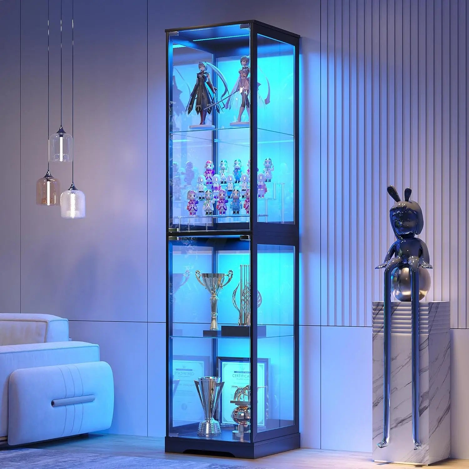 RGB Glass Display Cabinet with Door, 4-Tier Curio Cabinet