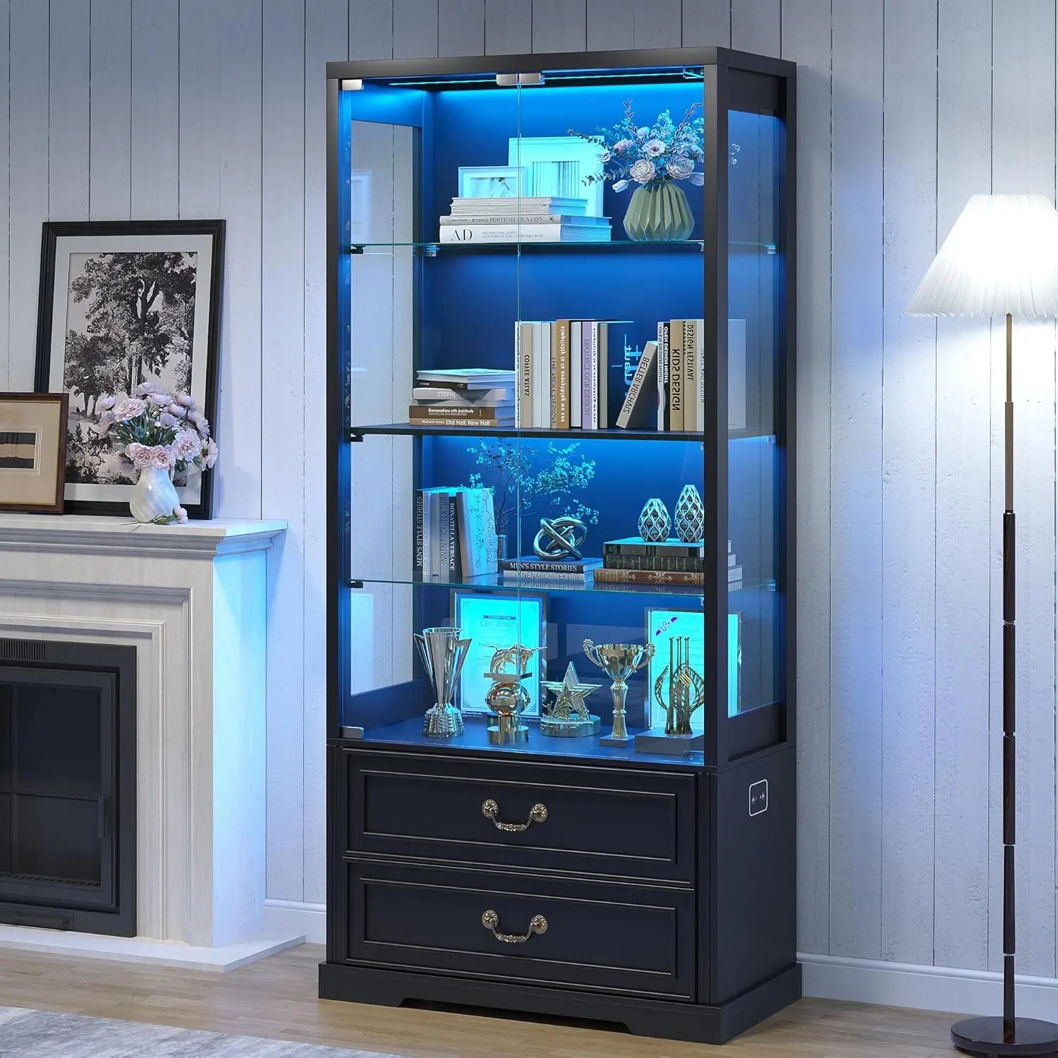 RGB Glass Display Cabinet with Door, 4-Tier Curio Cabinet