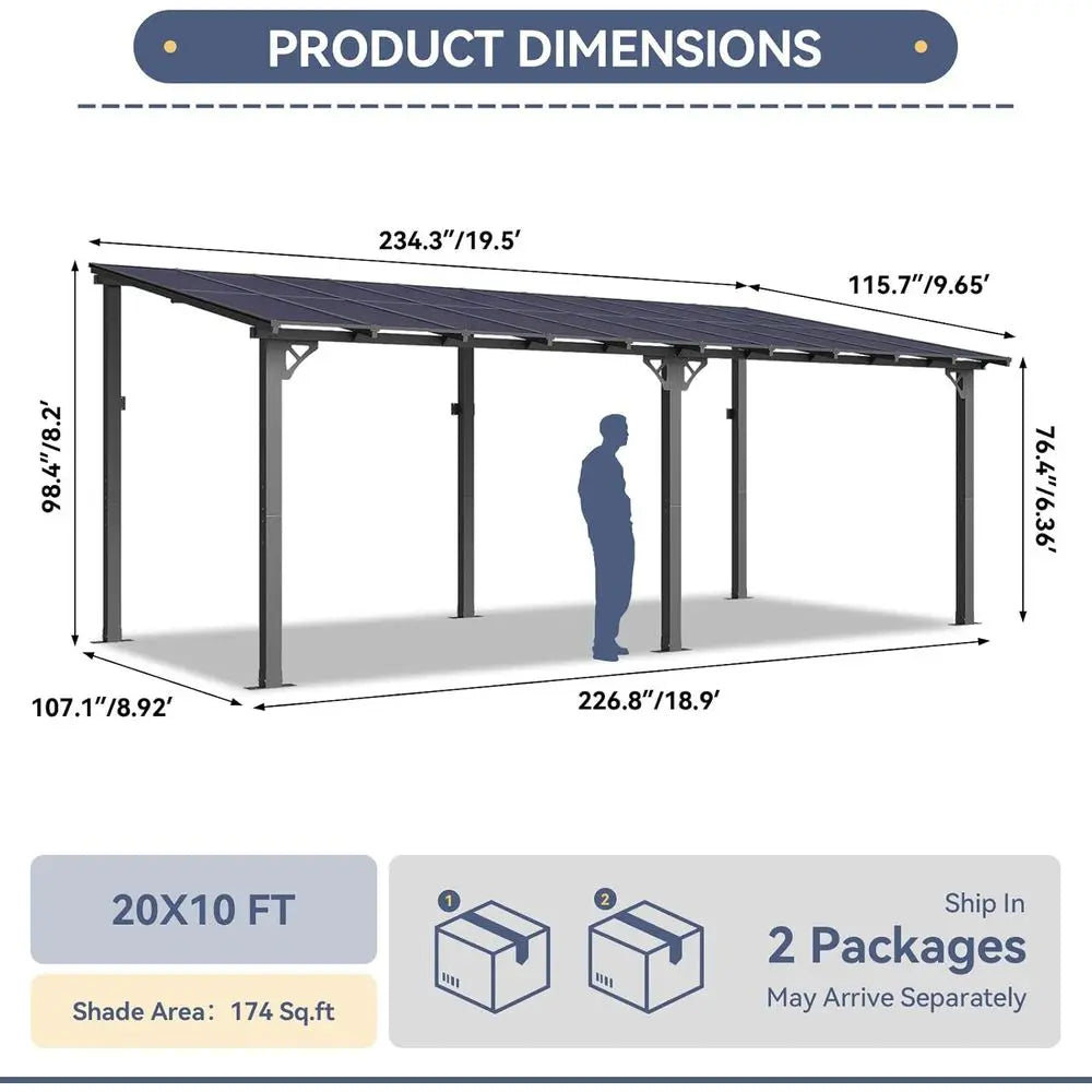 10' x 20' Lean to Gazebo, Hardtop Metal Gazebo Pergola with Polycarbonate Roof