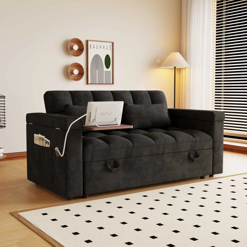 65" 3-in-1 Foldable Velvet Sofa Bed with USB Charging Port