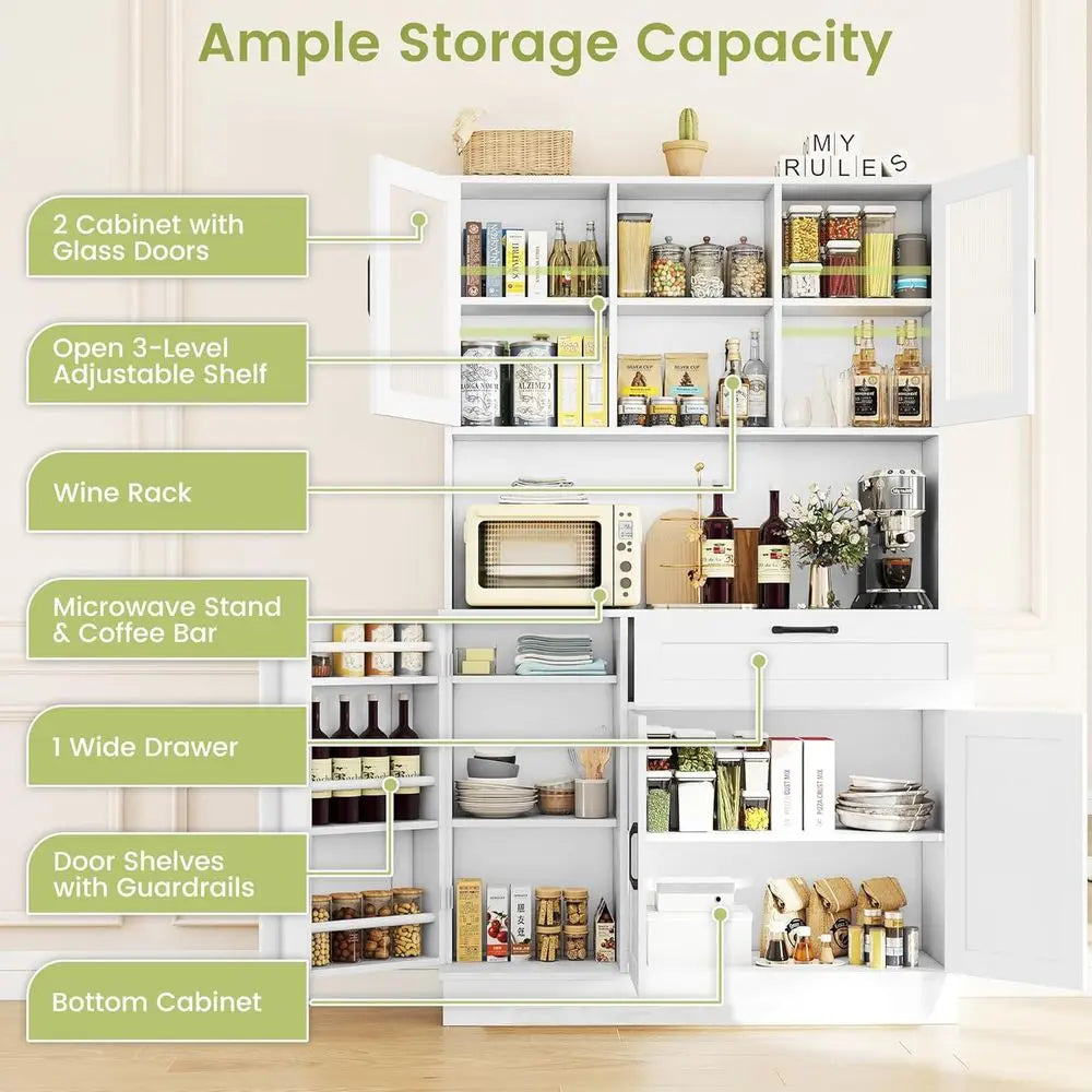 White Kitchen Storage Cabinet with 4 Doors & Adjustable Shelves