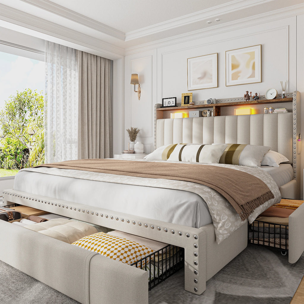 Full/Queen/King Bed Frame with 3 Drawers & 2-Tier Storage