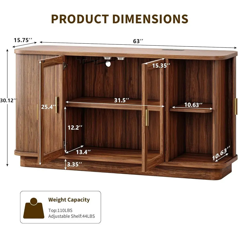 Walnut 63 Sideboard Buffet Cabinet with Sliding Doors, Adjustable Shelves for Kitchen, Dining, or Hallway