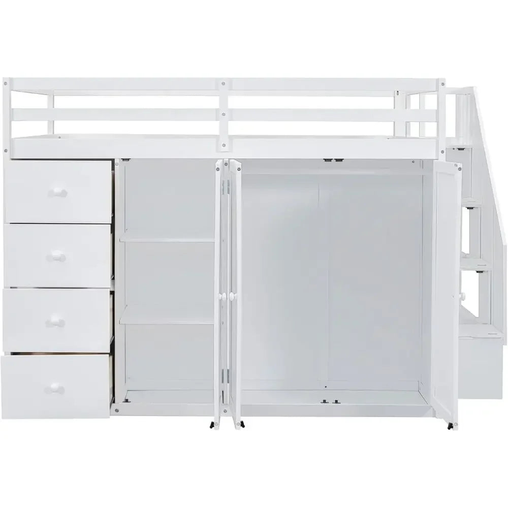 White Full Loft Bed with Stairs, Wooden Bed Frame, Storage and Cabinet, Suitable for Kids, Teens, and Adults