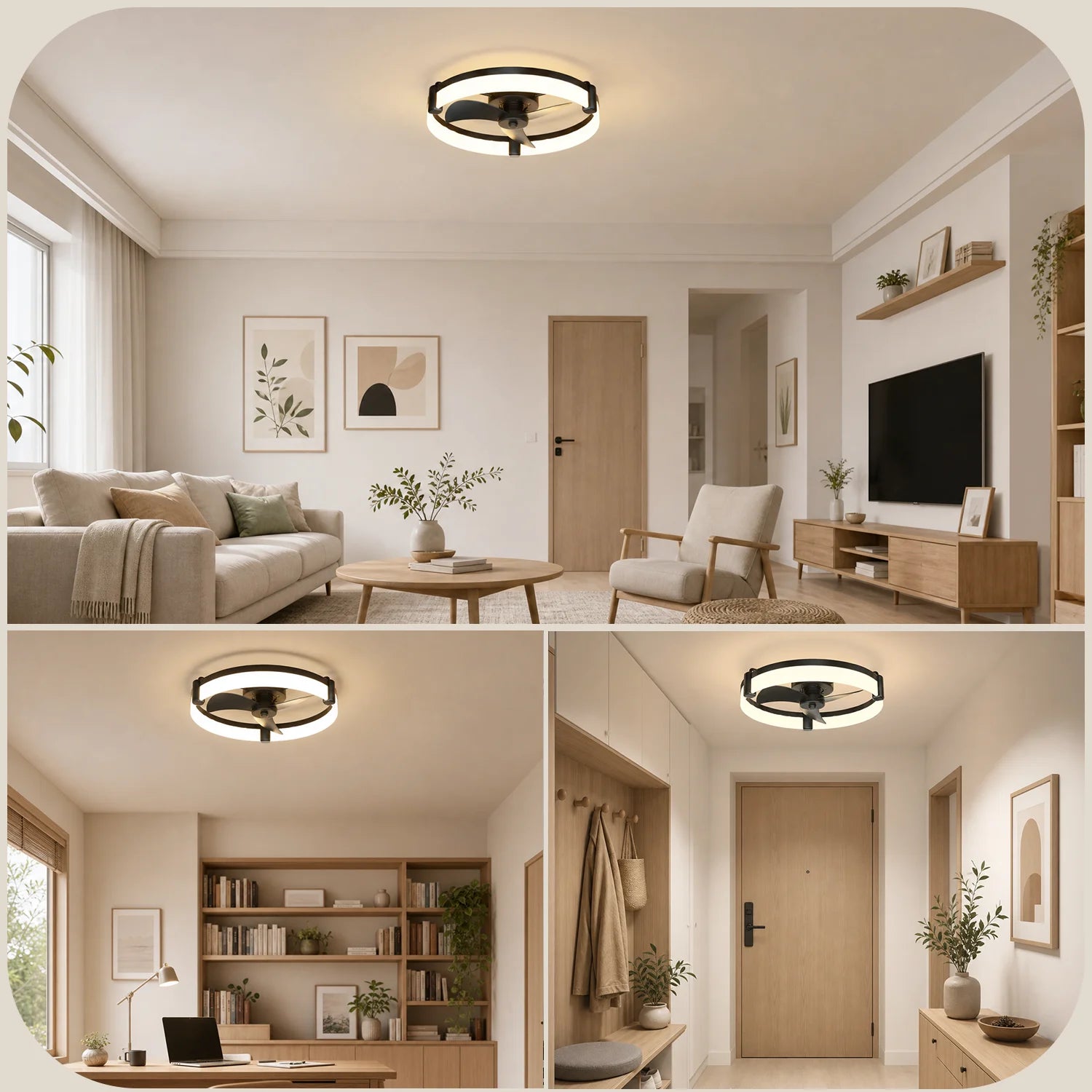 Modern Flush Mount Ceiling Fan With Ring LED Light,