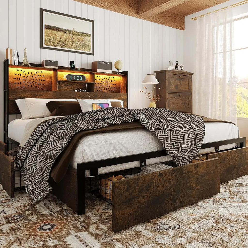 King Bed Frame with 6 Storage Drawers and Carving Headboard,