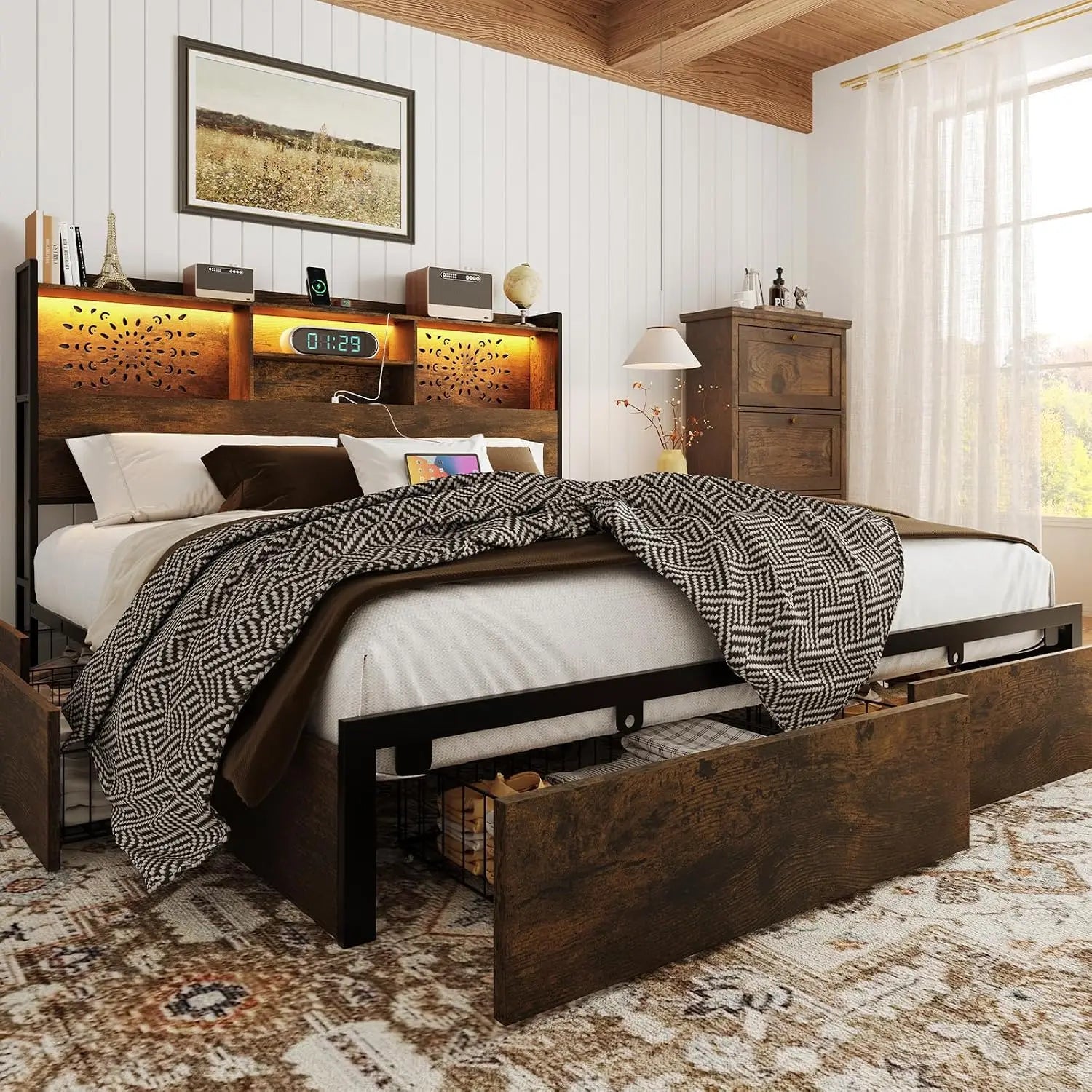 King Bed Frame with 6 Storage Drawers and Carving Headboard,